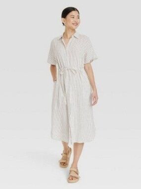 Short Sleeve Linen Blend Midi Shirtdress - A New Day Cream Striped Sm/Med